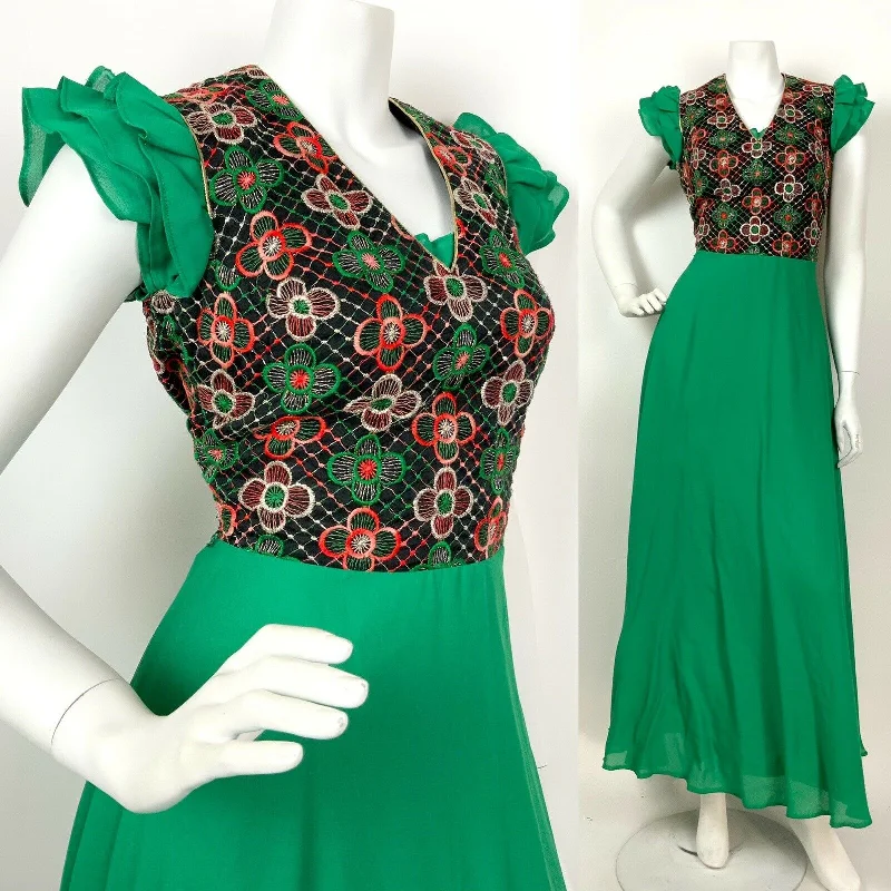 Final Clearance VINTAGE 60s 70s GREEN BLACK GOLD PINK FLORAL EMBROIDERED RUFFLE MAXI DRESS 8 10 Final Clearance VINTAGE 60s 70s GREEN BLACK GOLD PINK FLORAL EMBROIDERED RUFFLE MAXI DRESS 8 10