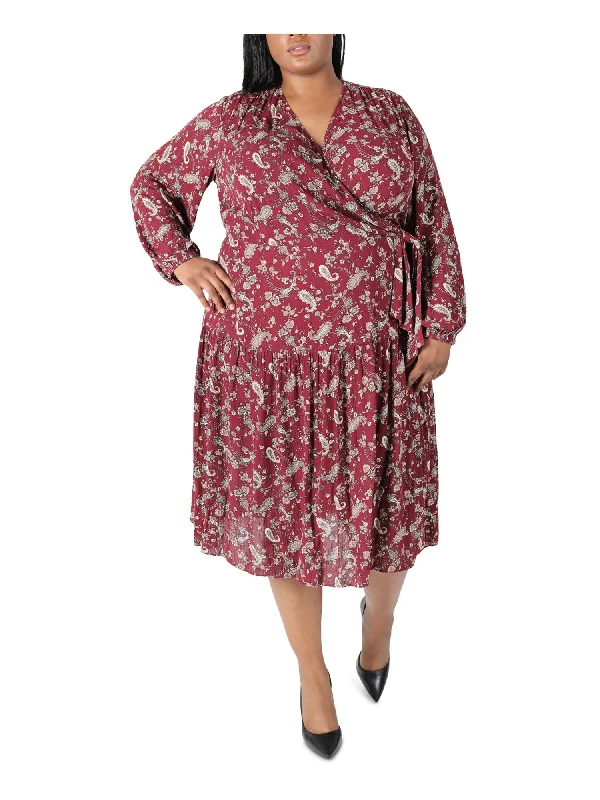 Exclusive Preview SIGNATURE BY ROBBIE BEE Womens Tie Paisley Balloon Sleeve Surplice Neckline Midi Party Faux Wrap Dress