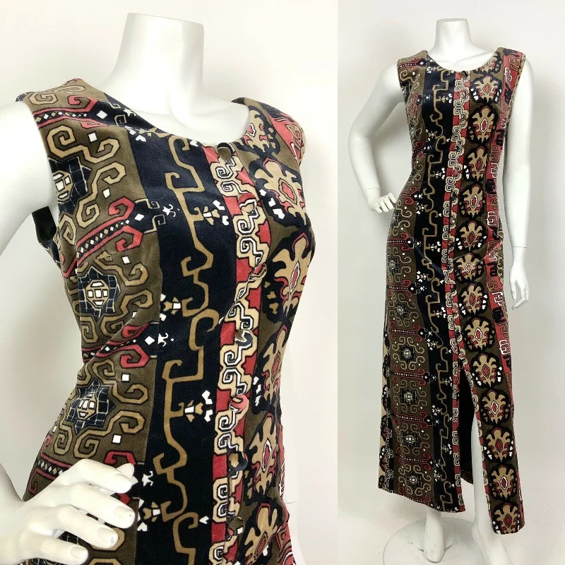 Final Markdown VINTAGE 60s 70s BLACK BROWN RED BEIGE GEOMETRIC AZTEC VELVET MAXI DRESS 10 12