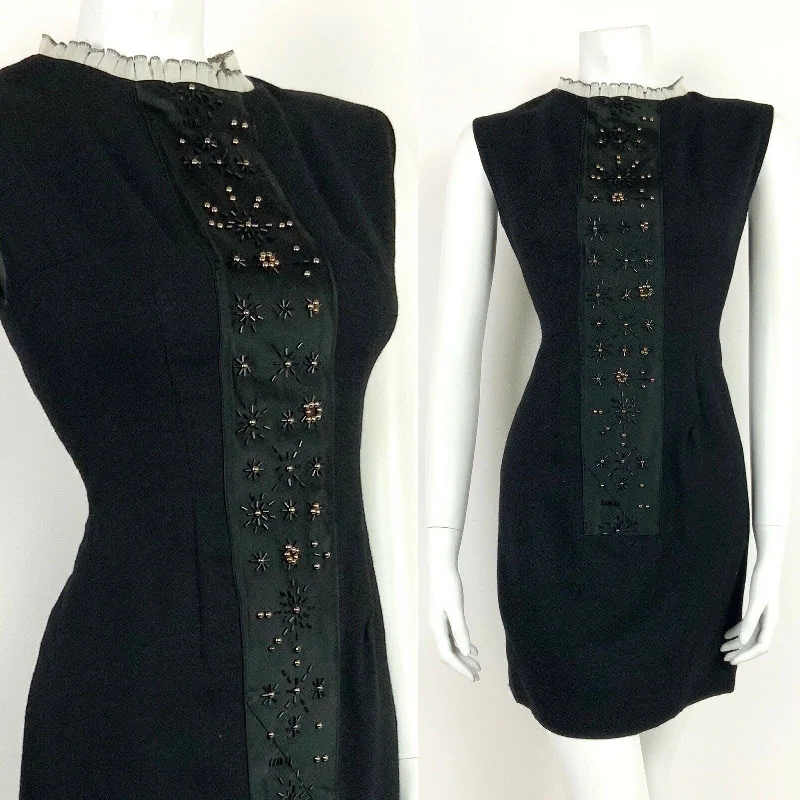 Get It Before It’s Gone VINTAGE 60s 70s BLACK GOLD WHITE RUFFLED BEADED STAR TUNIC DRESS 8