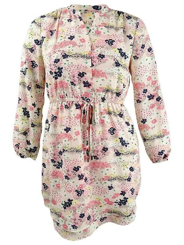 Low Prices MAISON JULES Womens Drawstring Floral Long Sleeve V Neck Short Shirt Dress