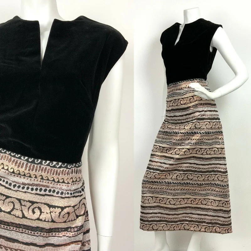 Steals and Deals VINTAGE 60s 70s BLACK VELVET SILVER BRONZE GOLD STRIPED GRECIAN MAXI DRESS 10