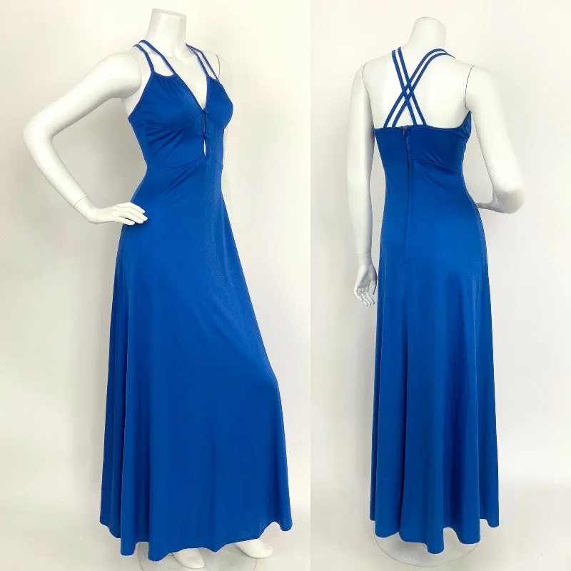Deal Dash VINTAGE 60s 70s COBALT BLUE SPAGHETTI STRAP CROSS HATCH ELEGANT MAXI DRESS 6
