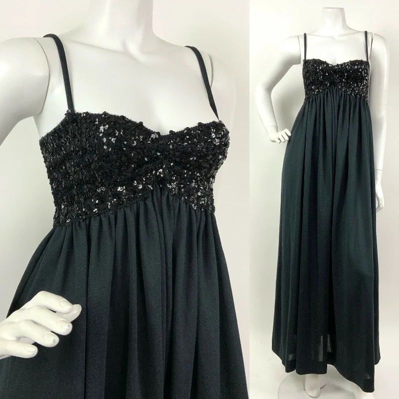 Value Deals VINTAGE 60s 70s BLACK SEQUIN DISCO GLAM STUDIO 54 STRAPPY MAXI DRESS 4 6