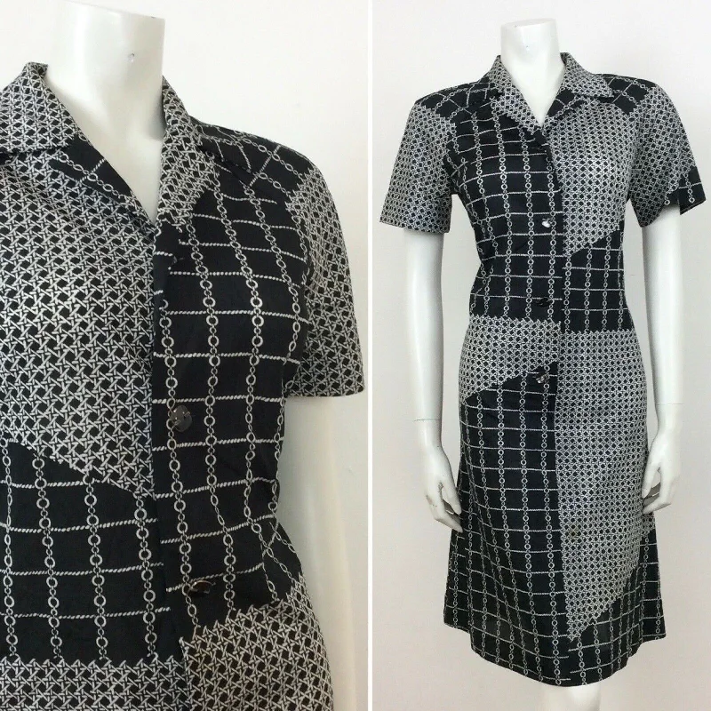 Stock Up and Save 70S VINTAGE BLACK WHITE CHAIN LINK CHECK PATTERN MIDI DRESS 12