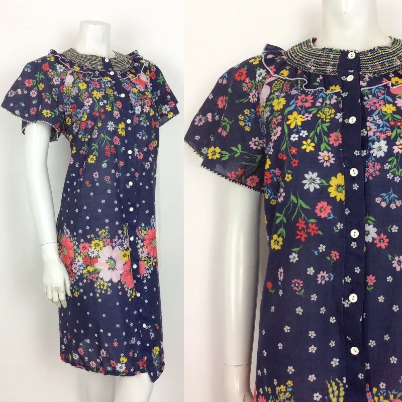 Super Sale BEAUTIFUL VTG 60S 70S BLUE FLORAL COTTON SHIRRED DRESS 12 14