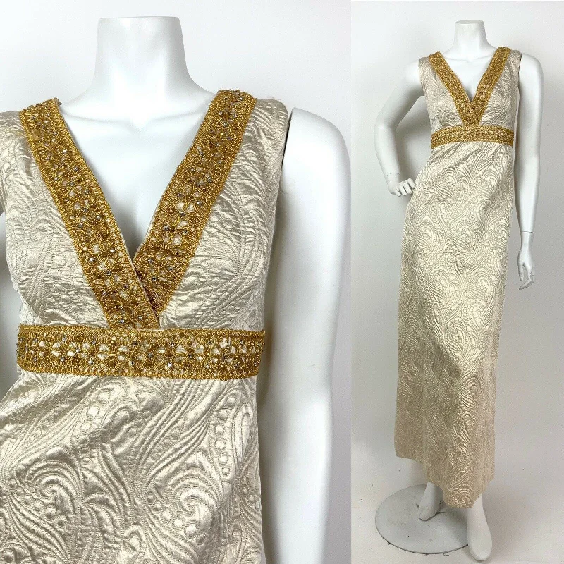 Lowest Price VINTAGE 60s 70s IVORY GOLD DIAMANTE PAISLEY SWIRL QUILTED GLAM MAXI DRESS 8