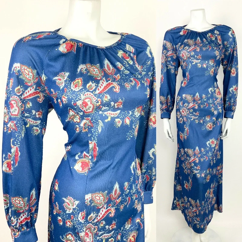 Special Promotion VINTAGE 60s 70s BLUE GREY SILVER RED YELLOW FLORAL PAISLEY MAXI DRESS 10 12