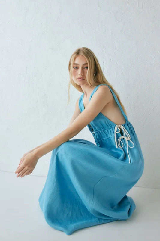 Value Deals Paros Palms Linen Midi Dress Sea