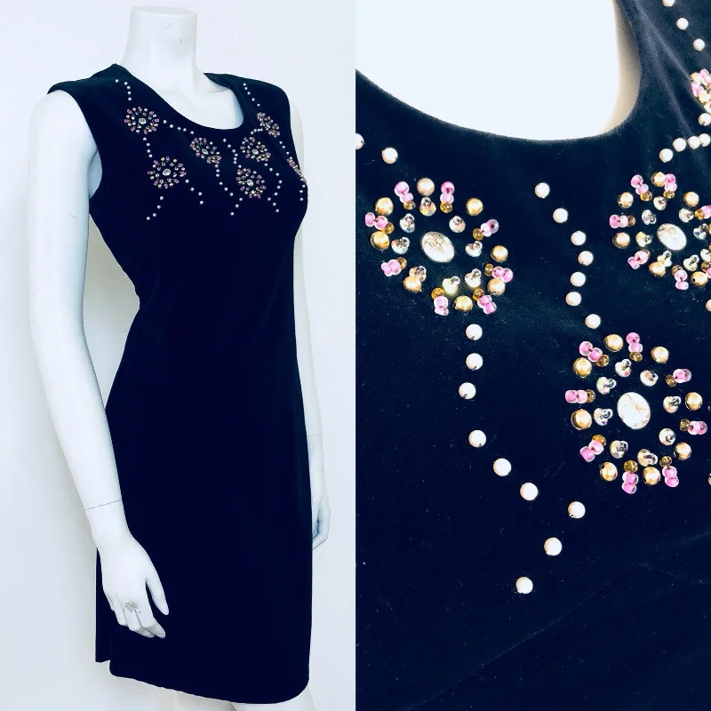 Instant Discount VINTAGE 1960S SEQUIN BLACK VELVET EMBELLISHED MINI DRESS 10 12