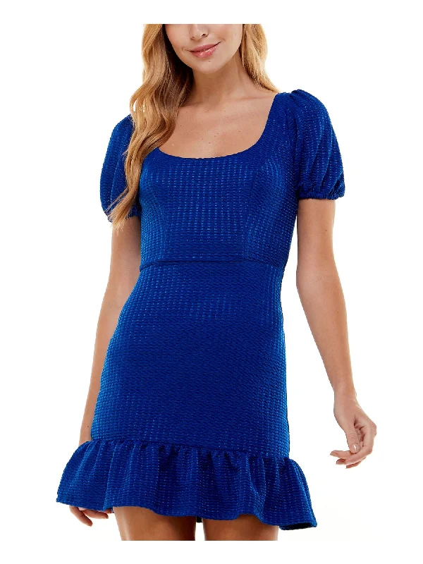 Major Savings CITY STUDIO Womens Stretch Textured Pouf Sleeve Scoop Neck Short Party Fit + Flare Dress