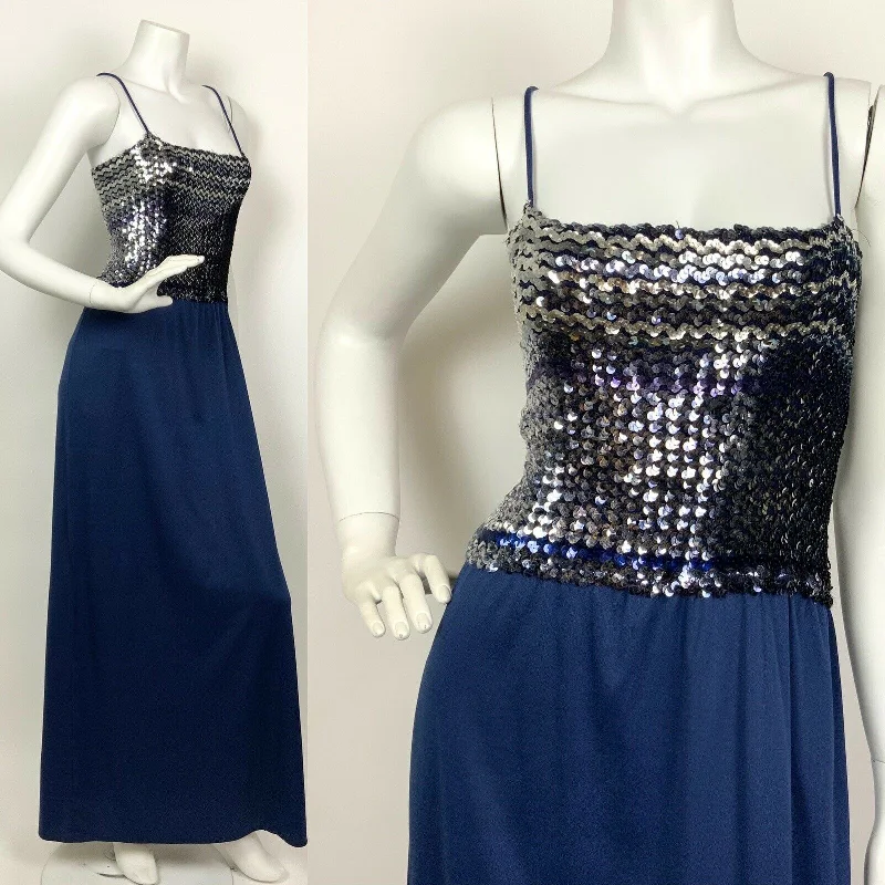 Mega Deal VINTAGE 60s 70s NAVY BLUE SILVER PURPLE SEQUINNED STRAPPY DISCO MAXI DRESS 12 14 Mega Deal VINTAGE 60s 70s NAVY BLUE SILVER PURPLE SEQUINNED STRAPPY DISCO MAXI DRESS 12 14
