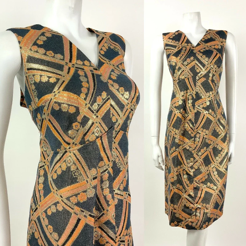 Discount Mania VTG 60s GREY ORANGE SILVER GOLD BLACK GLITTER GEOMETRIC FLORAL DRESS 14 16