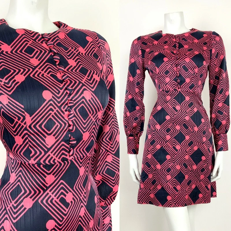 Hurry In AMAZING VINTAGE 60s 70s NAVY BLUE PINK GEOMETRIC LATTICE MOD DRESS 10