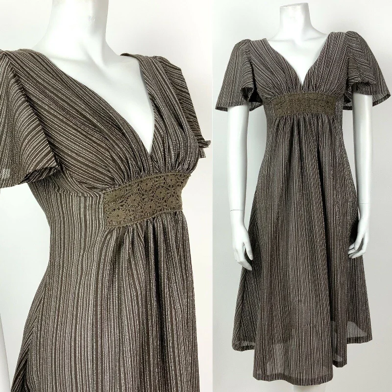 Today Only VINTAGE 60s 70s BROWN SILVER STRIPED CROCHETED CAPE SLEEVE SWING DRESS 6 8