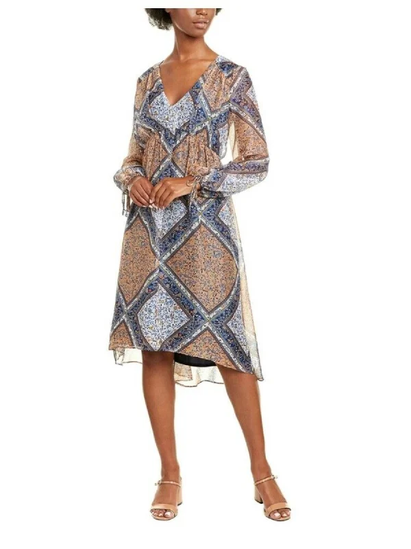 Big Discounts TAYLOR Womens Zippered Printed Cuffed Sleeve V Neck Midi Hi-Lo Dress