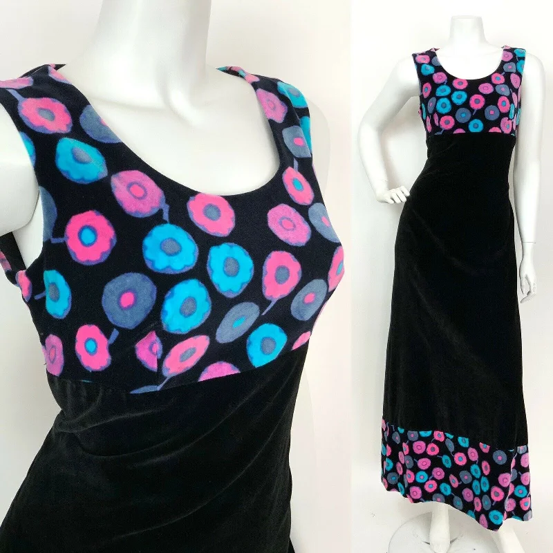 Don't Wait VTG 60s 70s BLACK BLUE PURPLE PINK PSYCHEDELIC FLOWER VELVET MAXI DRESS 8