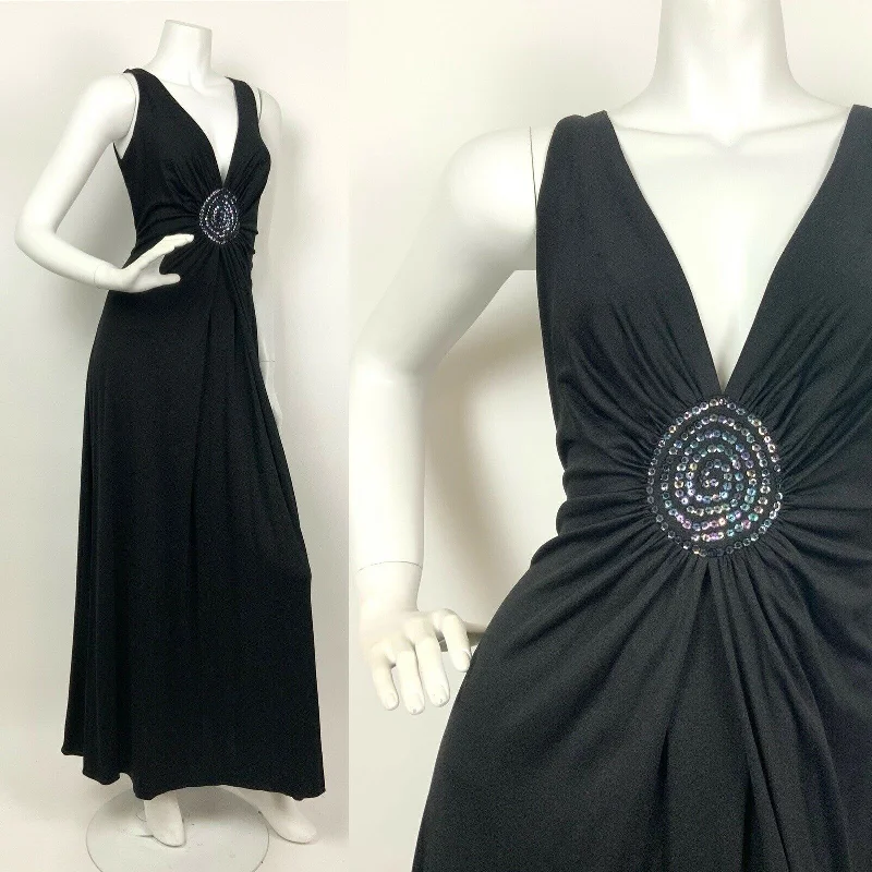 Exclusive Savings VINTAGE 60s 70s BLACK IRIDESCENT SEQUIN SPIRAL PLUNGE GLAM GOWN MAXI DRESS 6 8 Exclusive Savings VINTAGE 60s 70s BLACK IRIDESCENT SEQUIN SPIRAL PLUNGE GLAM GOWN MAXI DRESS 6 8