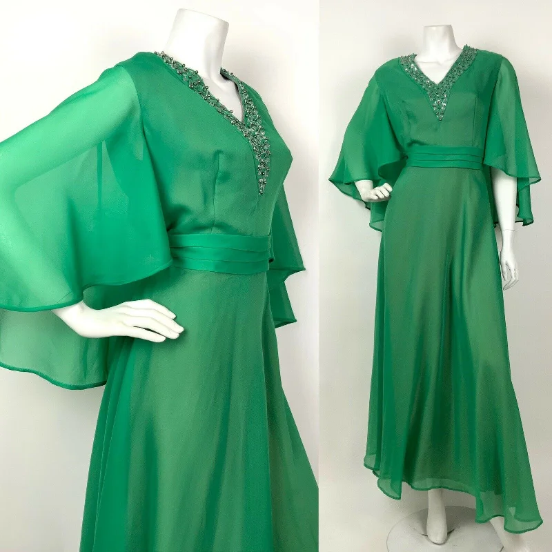 Best Bargains VINTAGE 60s 70s GREEN SILVER IRIDESCENT SEQUIN BEADED CAPED SHEER MAXI DRESS 12