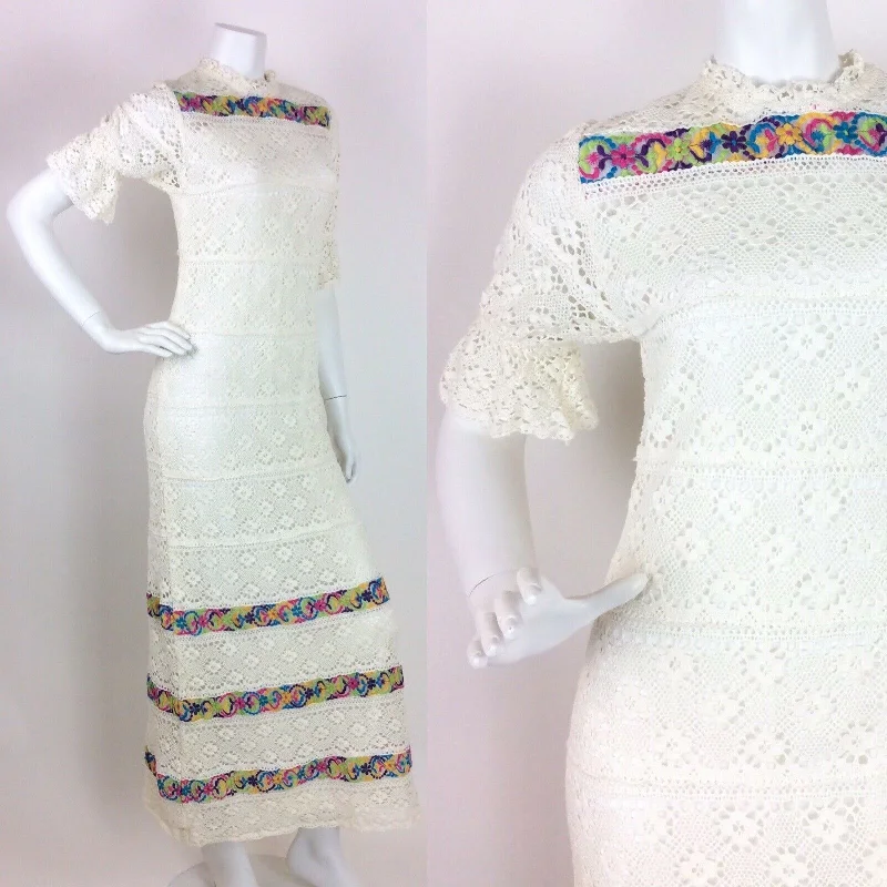 Discount Mania VTG 60S 70S WHITE CREAM EMBROIDERED CROCHET MAXI DRESS 6 8