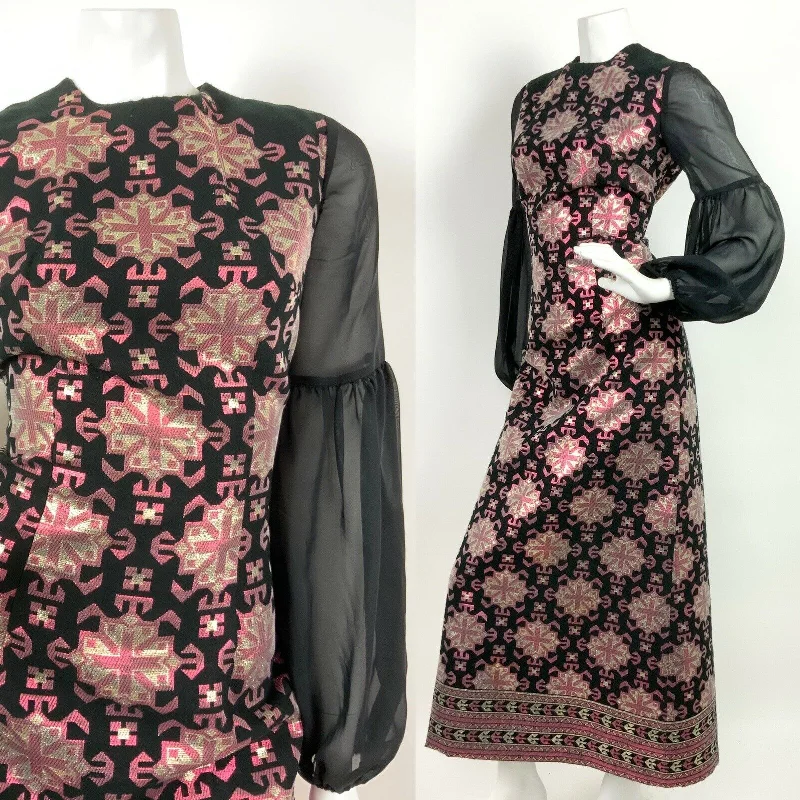 Closeout Sale VTG 60s 70s BLACK METALLIC PINK GOLD AZTEC GEOMETRIC SHEER MAXI DRESS 10
