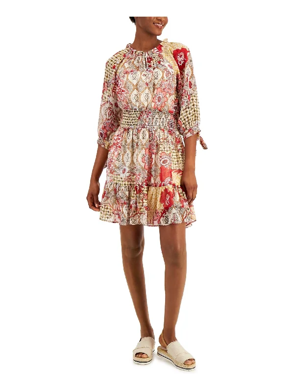 Unbeatable Prices TOMMY HILFIGER Womens Stretch Ruffled 3/4 Sleeve Mock Neck Short Party Fit + Flare Dress