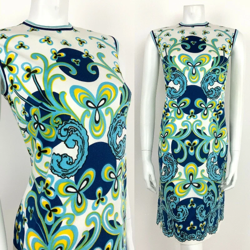 Today’s Special VINTAGE 60s 70s WHITE NAVY BLUE YELLOW PSYCHEDELIC FLORAL DRESS 10 12