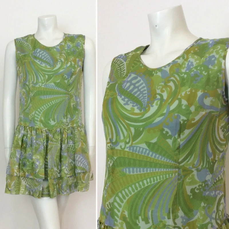Exclusive Deal VINTAGE 60S GREEN BLUE PAISLEY DROP WAIST DRESS 12