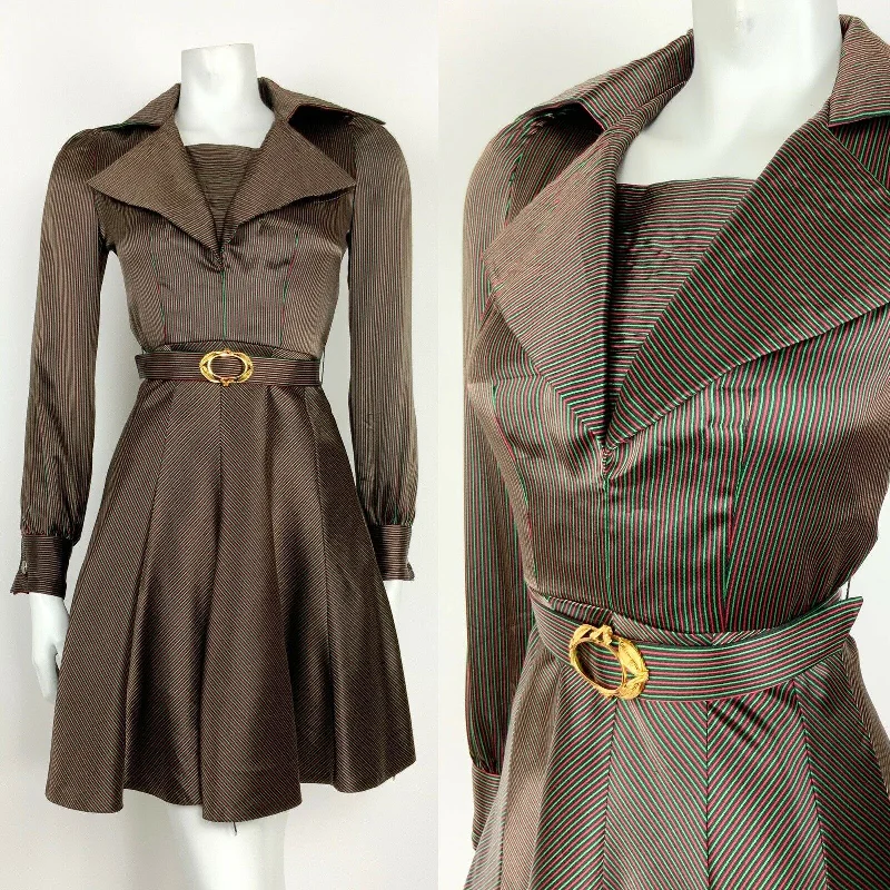 Price Slash VINTAGE 60s 70s BLACK RED GREEN STRIPED TWO-TONE WING COLLAR SWING DRESS 6 8