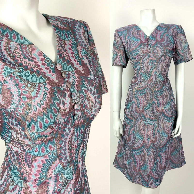 Daily Specials VINTAGE 60s 70s BLUE TURQUOISE PINK GOLD PSYCHEDELIC FLARED DRESS 12 14 Daily Specials VINTAGE 60s 70s BLUE TURQUOISE PINK GOLD PSYCHEDELIC FLARED DRESS 12 14
