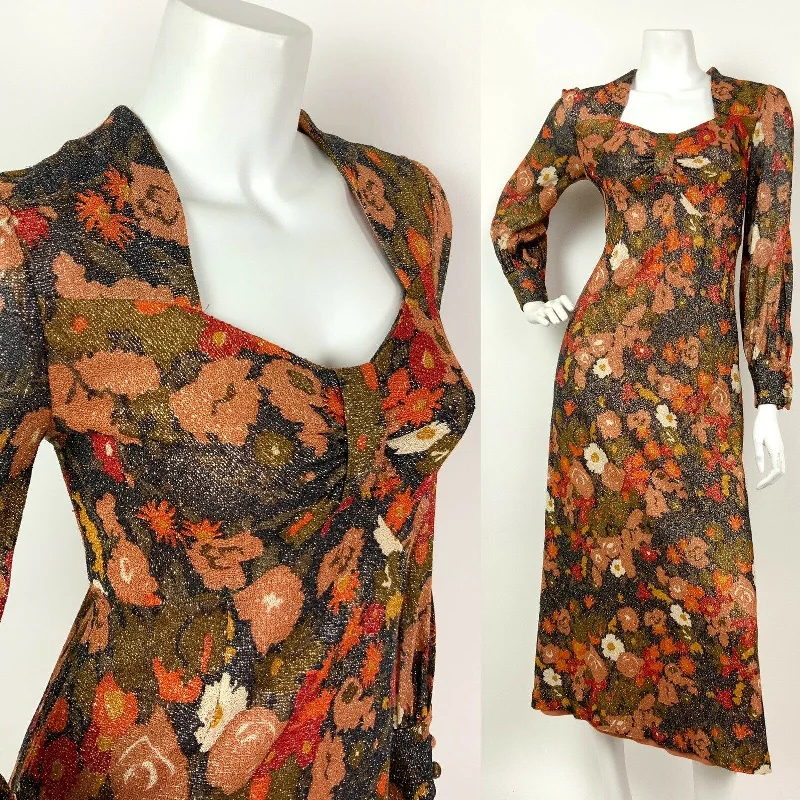 Early Bird Discount VTG 60s 70s BLACK ORANGE RED GOLD GLITTER LUREX FLORAL SWEETHEART MAXI DRESS 8