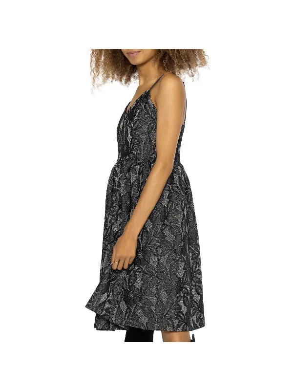 Bargain Prices GRACIA Womens Metallic Floral Spaghetti Strap V Neck Below The Knee Party Fit + Flare Dress