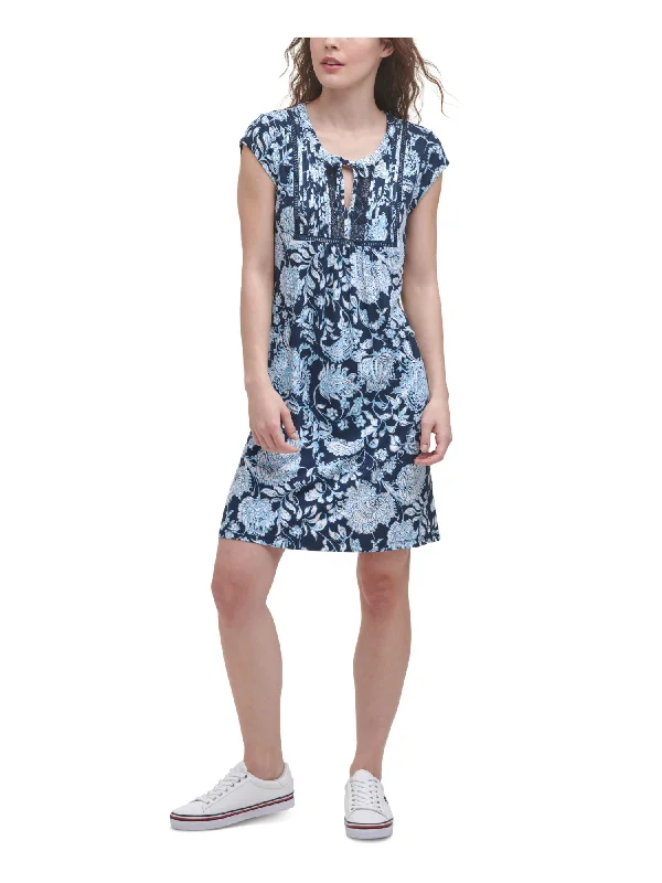 Flash Sale TOMMY HILFIGER Womens Stretch Tie Printed Cap Sleeve Round Neck Above The Knee Fit + Flare Dress Flash Sale TOMMY HILFIGER Womens Stretch Tie Printed Cap Sleeve Round Neck Above The Knee Fit + Flare Dress