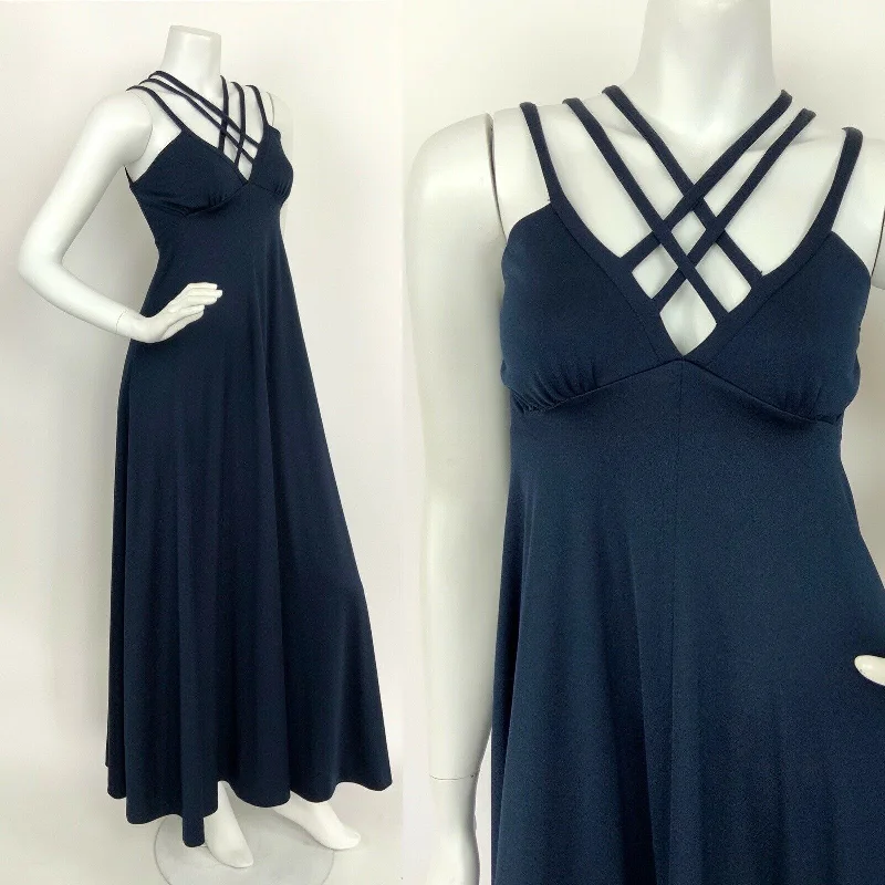 Price Rollback VINTAGE 70s NAVY BLUE STRAPPY CROSS HATCH ELEGANT STUDIO MAXI DRESS 6