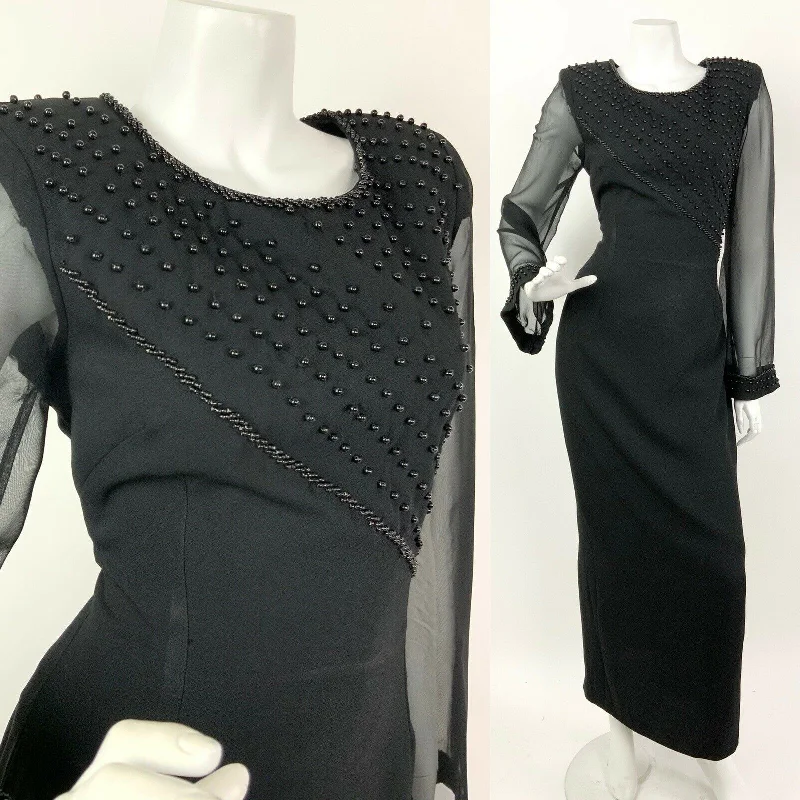 Deal Mania VINTAGE 70s 80s BLACK BEADED SHEER ELEGANT GOWN DRESS 8 10