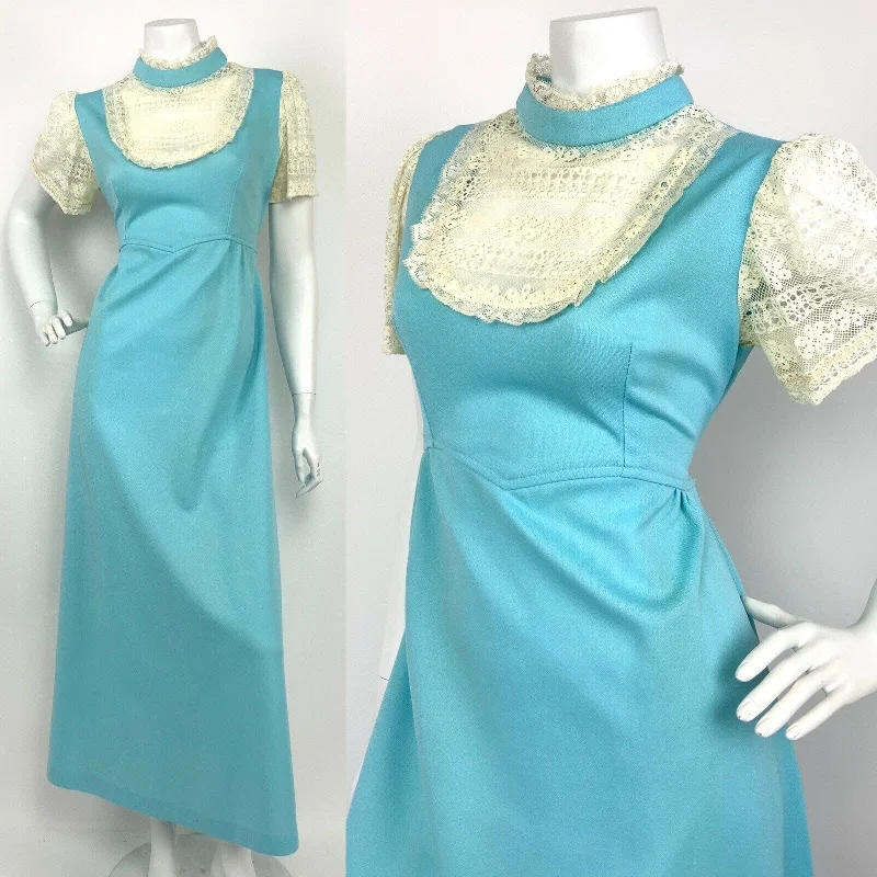 Mega Sale VTG 60s 70s BABY BLUE CREAM LACE PRAIRIE FOLK MAXI DRESS 12