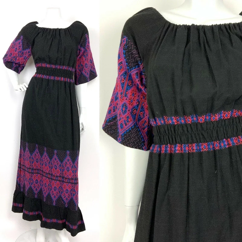 Final Sale VTG 60s 70s ETHNIC FOLK BLACK BLUE RED EMBROIDERED RUCHED MAXI DRESS 10 12
