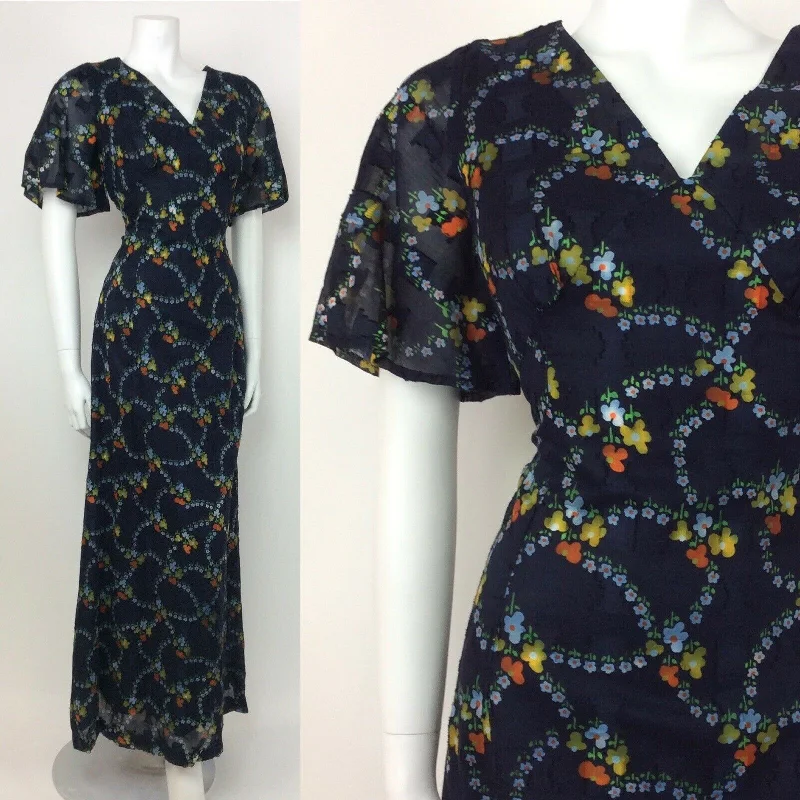 Factory Direct Sale VINTAGE 60s 70s BLUE FLORAL DITSY ORANGE YELLOW GREEN SHEER MAXI DRESS 10 12
