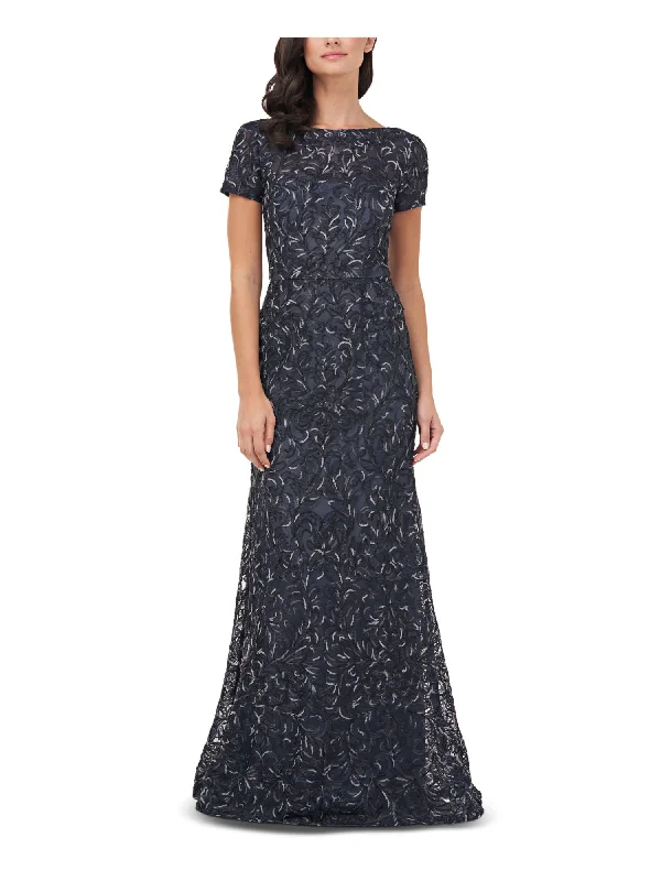 Massive Deals JS COLLECTION Womens Zippered Short Sleeve Boat Neck Full-Length Formal Gown Dress