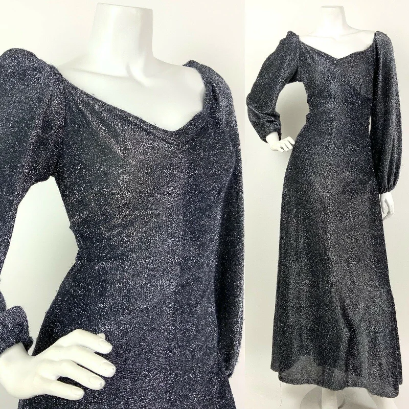 Discount Extravaganza VTG 60s 70s BLACK SILVER GLITTER LUREX SWEETHEART DISCO GLAM MAXI DRESS 10