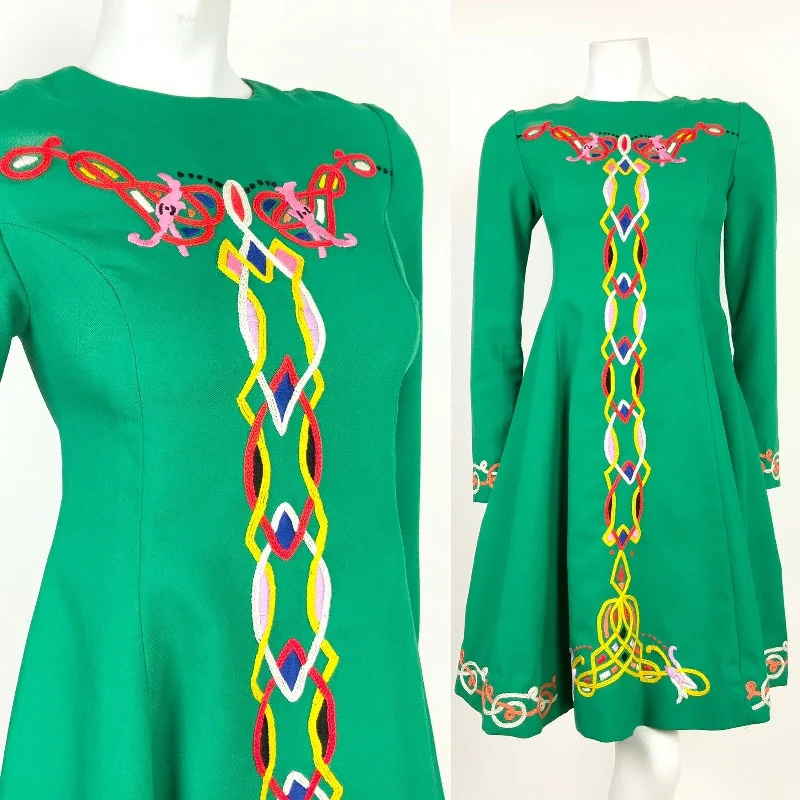 Buy Now VTG 60s 70s FOLK GREEN WHITE RED YELLOW BLACK CELTIC EMBROIDERED DRESS 4 6