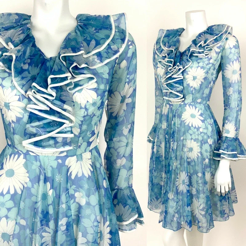 Now or Never VTG 60s 70s FLORAL BLUE WHITE JABOT RUFFLE FLOUNCE SLEEVE SUMMER DRESS 8 10