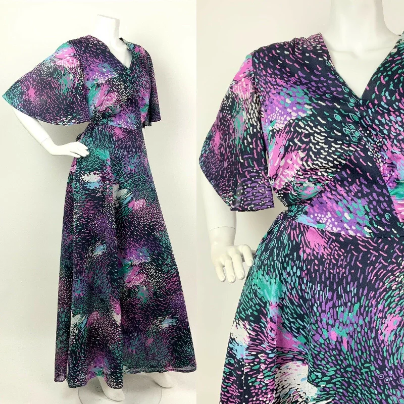 New Deals VTG 60s 70s BLACK PINK GREEN PURPLE ABSTRACT SHEER CAPE SLEEVE MAXI DRESS 12 14 New Deals VTG 60s 70s BLACK PINK GREEN PURPLE ABSTRACT SHEER CAPE SLEEVE MAXI DRESS 12 14