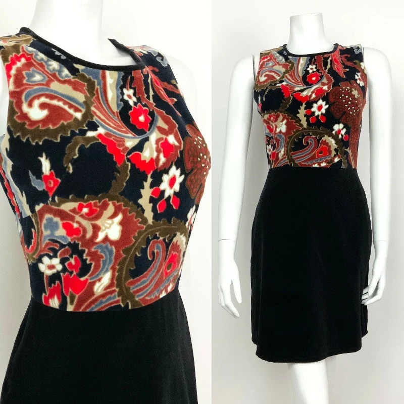 Midnight Sale VTG 60s 70s BLACK RED BROWN BLUE FLORAL PAISLEY VELVET PARTY DRESS 6