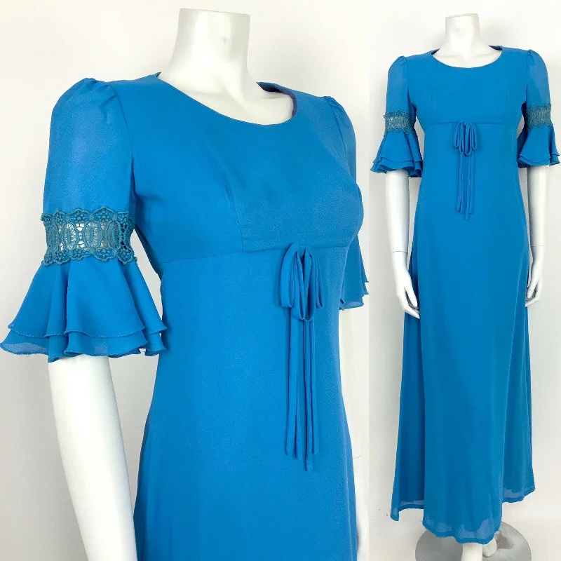 Stock Clearance VINTAGE 60s 70s BLUE EMPIRE LINE FLOUNCE CROCHET LACE SLEEVE MAXI DRESS 10