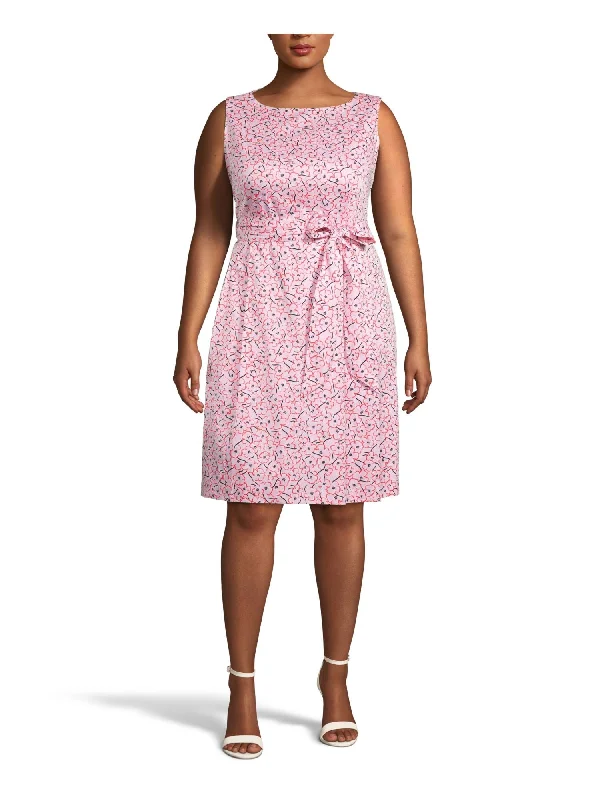 Deal Frenzy ANNE KLEIN Womens Zippered Floral Sleeveless Boat Neck Above The Knee Fit + Flare Dress