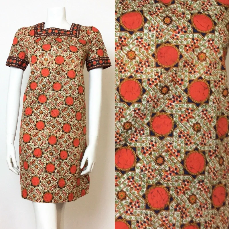 Stock Clearance VTG 60S 70S ORANGE ETHNIC PSYCHEDELIC BATIK PRINT COTTON MINI DRESS 8 10