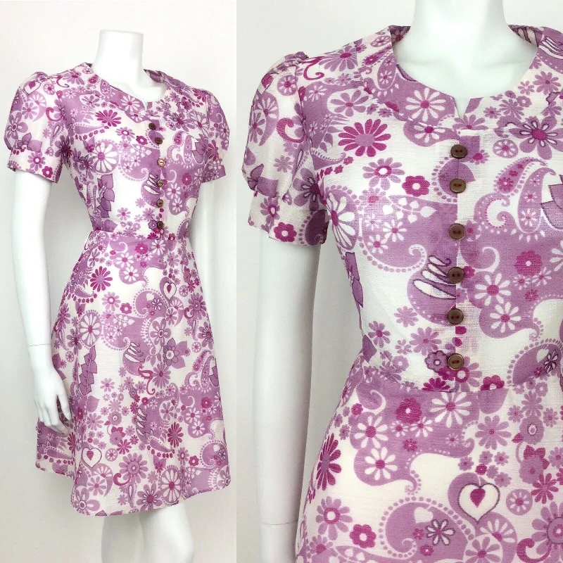 Special Buy VINTAGE 60s 70s FLORAL PAISLEY PURPLE WHITE LILAC SHEER SUMMER DRESS 12 14