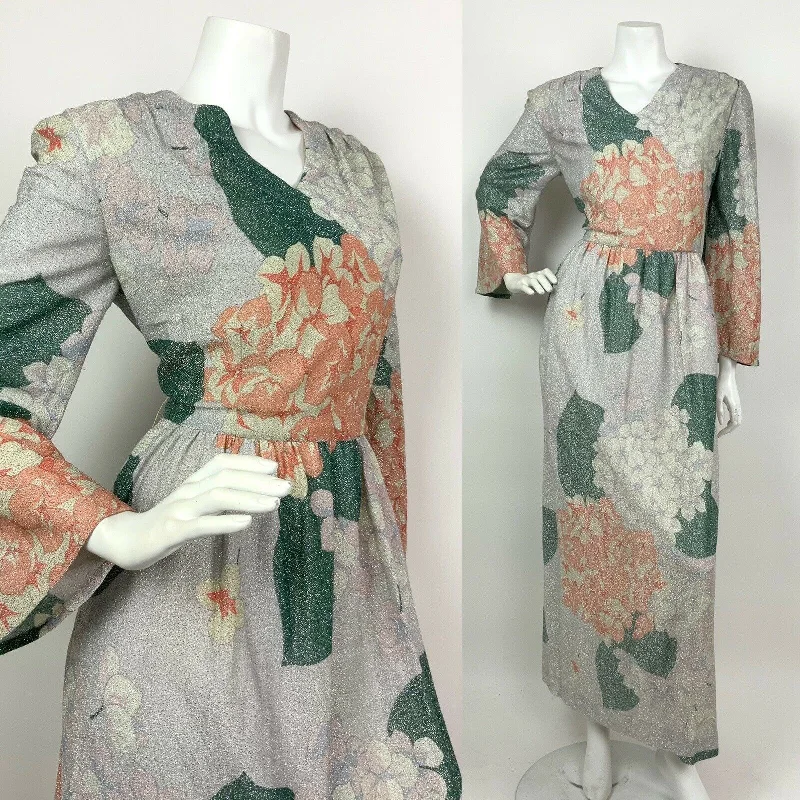 Limited Time Discount VTG 60s 70s SILVER WHITE PEACH LILAC GREEN FLORAL GLITTER DISCO MAXI DRESS 14