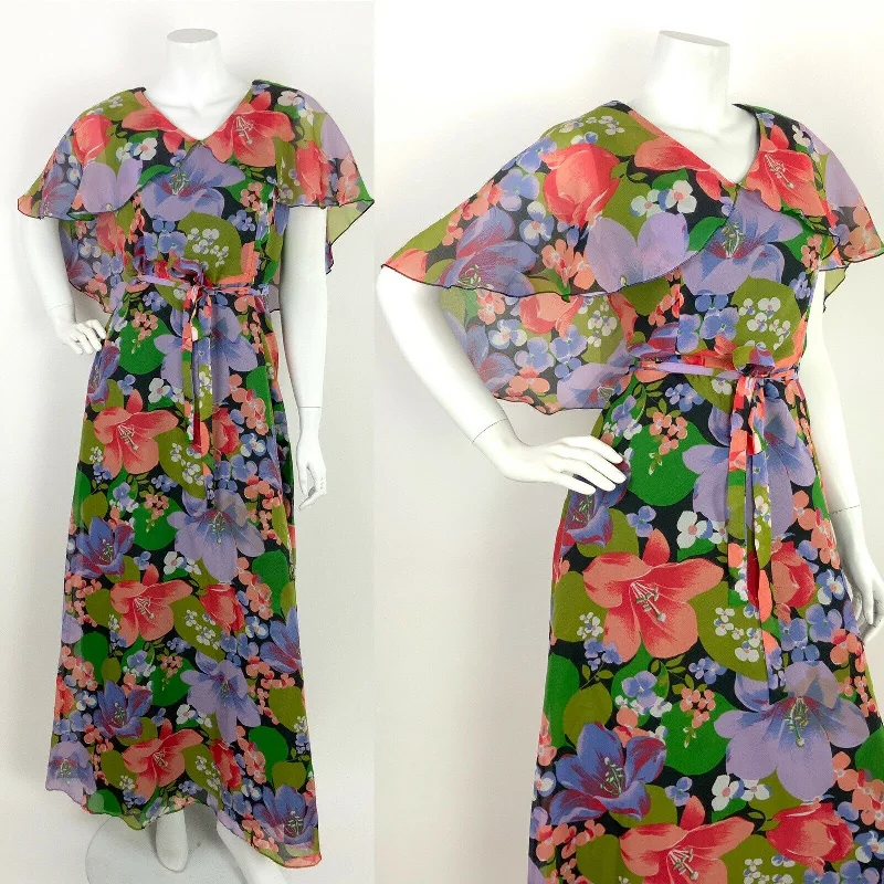 Shop and Save VINTAGE 60s 70s FLORAL MAXI SUMMER DRESS CAPE SLEEVE BLACK GREEN PURPLE PINK 10